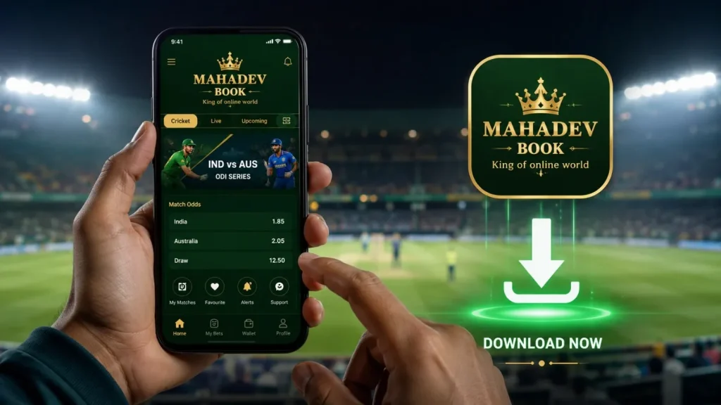 Smartphone showing Mahadev Book betting app with cricket odds, held in hand inside a stadium at night with download prompt.