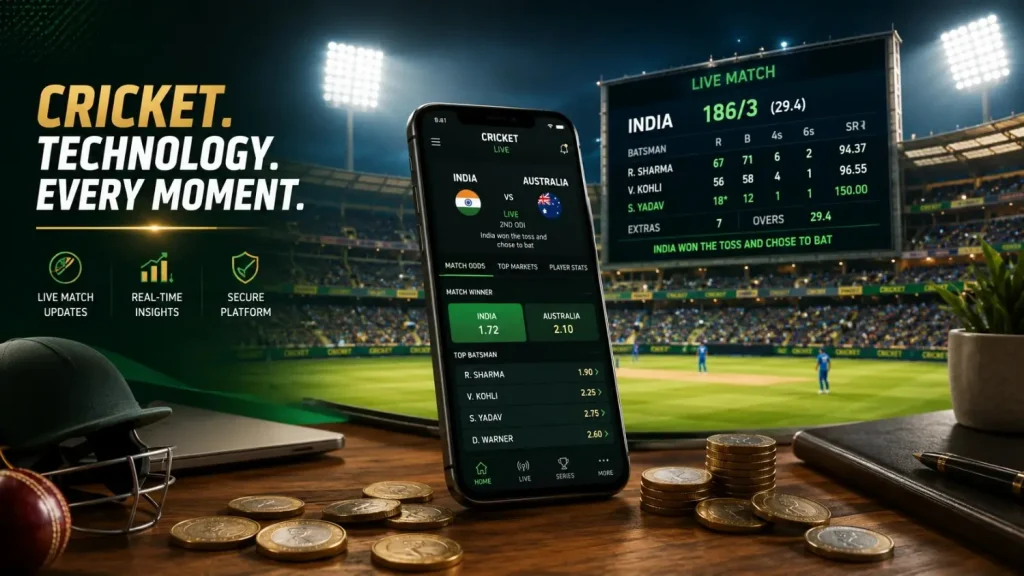 Cricket betting app banner with stadium lights, live odds scoreboard, smartphone interface, and rupee coins on desk.