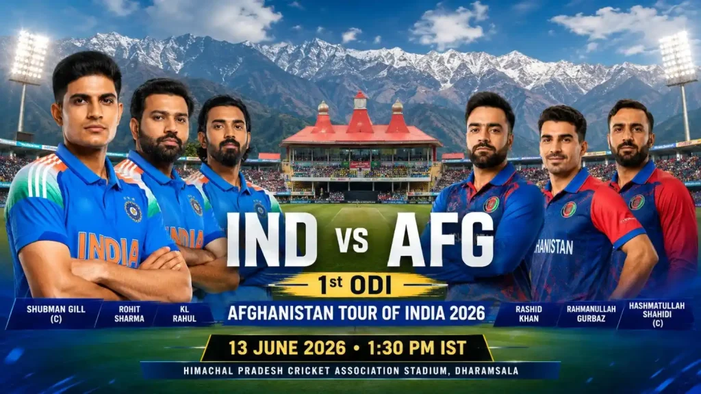 Mahadev Book99 IND vs AFG 1st ODI 2026 match poster at Dharamsala Stadium