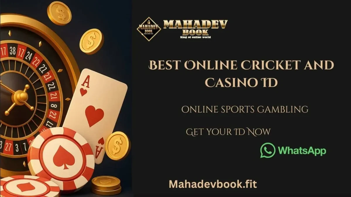 "Mahadev Book online cricket and casino ID banner with roulette wheel, playing cards, and poker chips