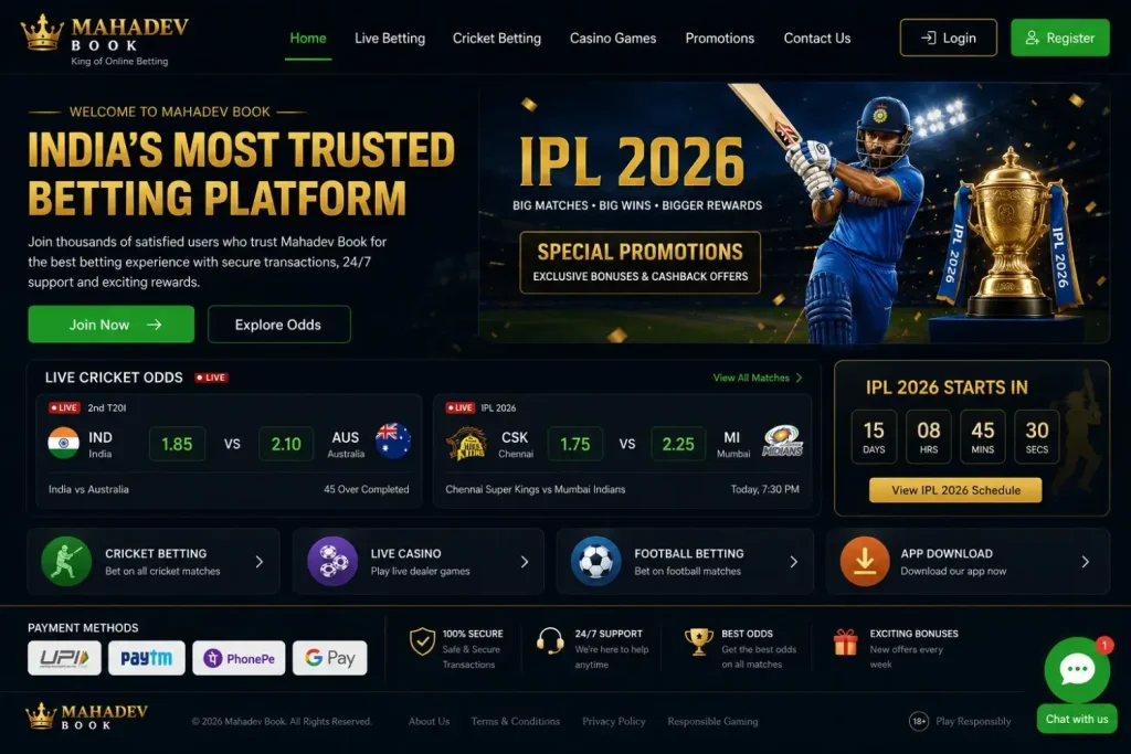 Mahadev Book homepage screenshot with live cricket odds, IPL 2026 banner, betting categories, and payment methods on a dark-themed betting website.