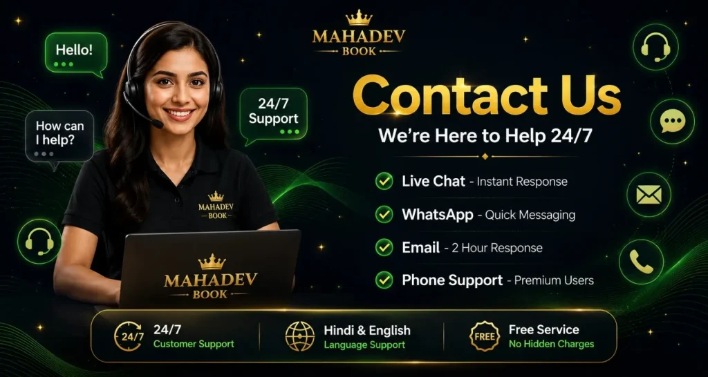 "Mahadev Book Contact Us banner with 24/7 customer support agent and contact options."