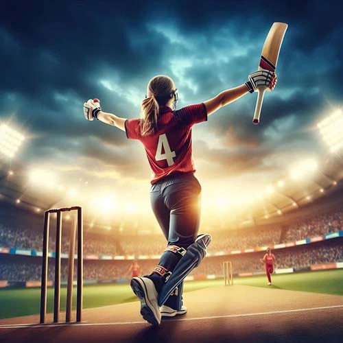 "Cricketer celebrating with raised bat in a floodlit stadium during a cricket match."