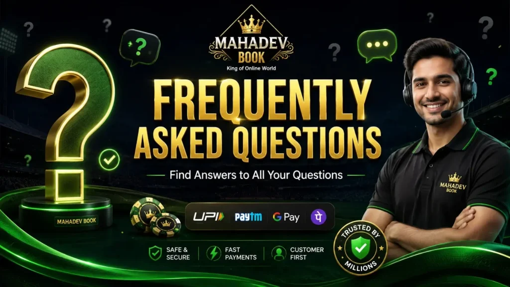 Mahadev Book FAQ banner with customer support agent, 3D question mark, and betting help information.