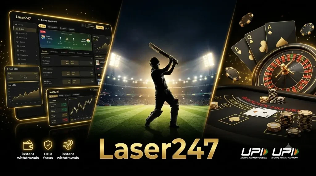 "Laser247 betting platform banner featuring live cricket, casino games, instant withdrawals, and UPI payments in a premium black and gold theme."