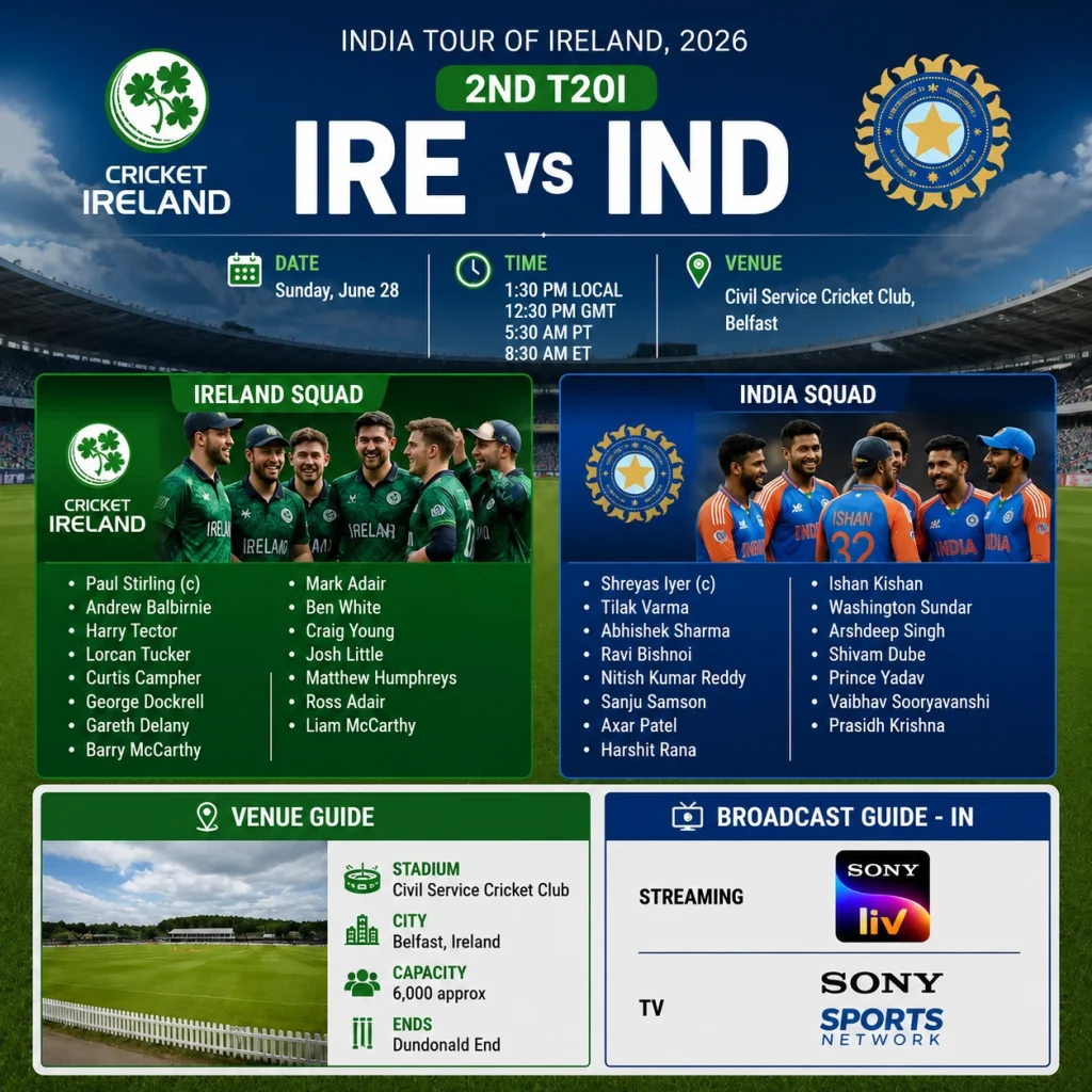 Current image: IRE vs IND 2nd T20I match poster featuring Ireland and India squads, match timing, venue details, and Sony Sports Network and SonyLIV broadcast information for the Belfast clash.