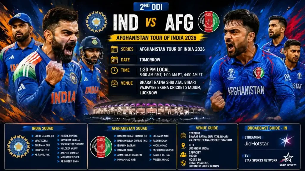 "IND vs AFG 2nd ODI 2026 match poster featuring aggressive Indian and Afghanistan cricketers at Ekana Stadium, Lucknow|mahadevbook