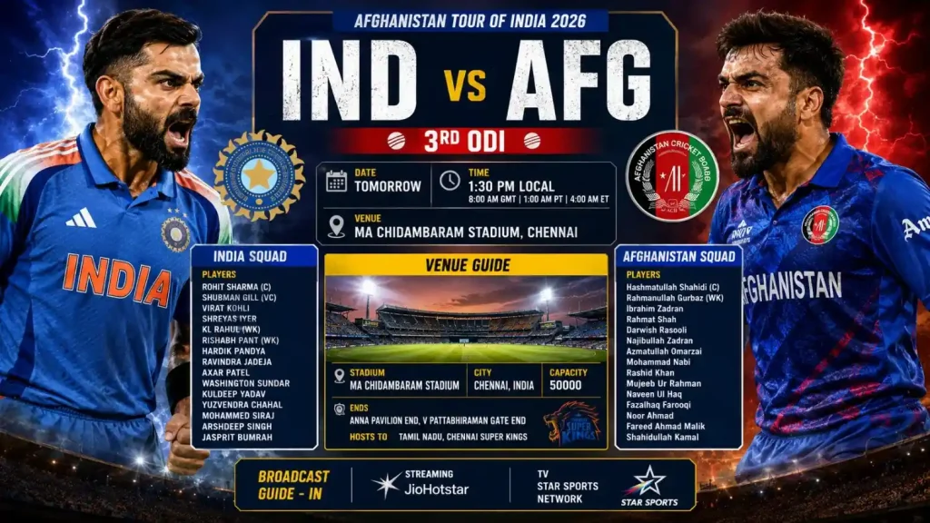 Current image: IND vs AFG 3rd ODI Match Poster 2026 – Chennai Venue Guide | Magadevbook99