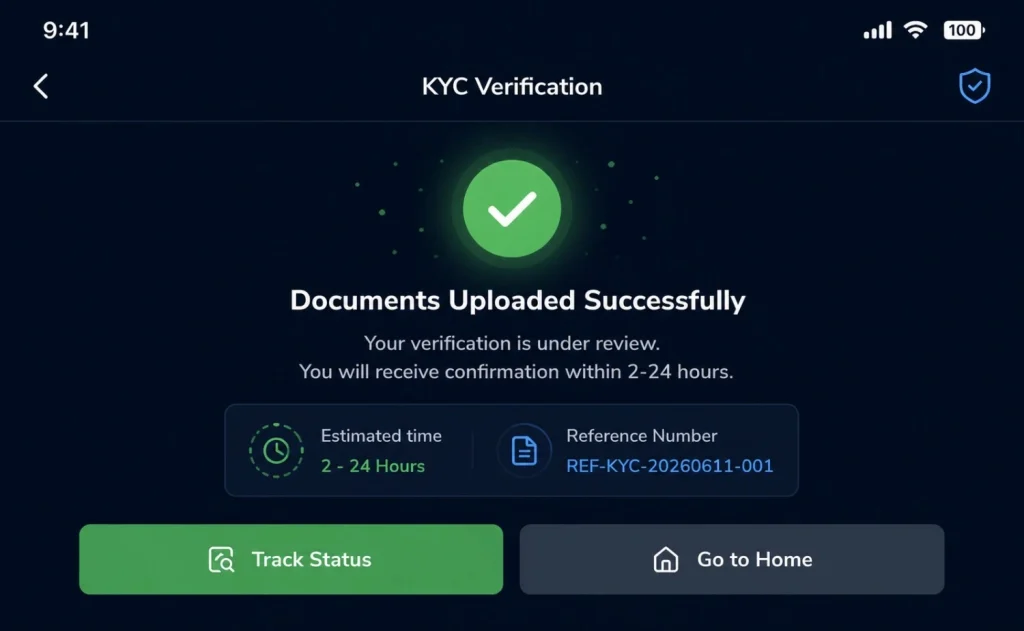 KYC document upload success screen with verification under review and Track Status button.