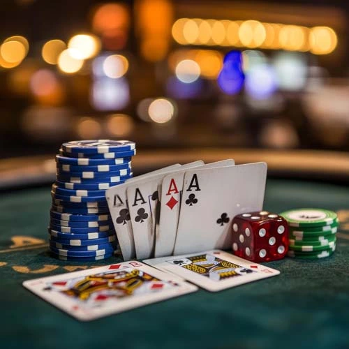 "Poker chips and playing cards on a casino table."