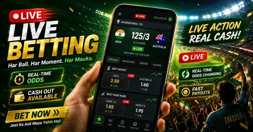 Live cricket betting banner showing India vs Australia score, real-time odds, cash-out feature, and cheering stadium crowd.
