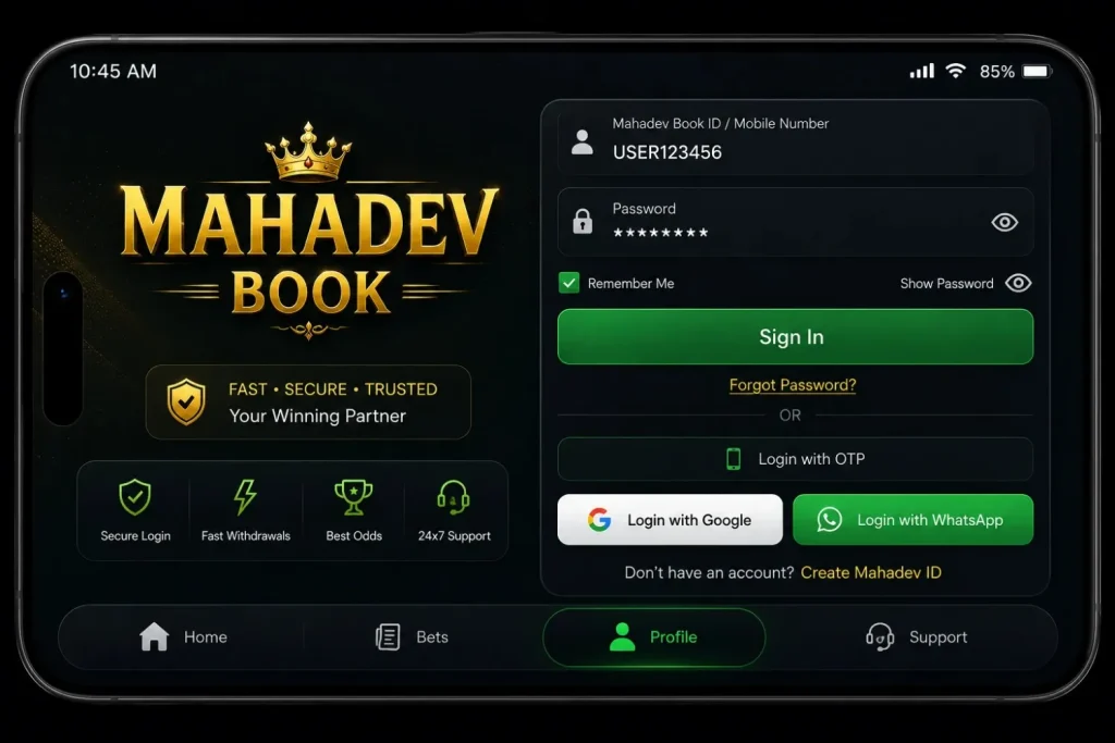 Mahadev Book betting app login screen with dark theme, gold logo, user ID and password fields, green sign-in button, social login options, and bottom navigation in a horizontal iPhone-style frame.
