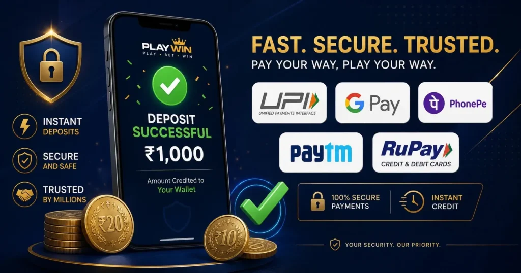 Smartphone showing ₹1,000 deposit successful screen with UPI, Google Pay, PhonePe, Paytm, and RuPay payment methods, rupee coins, and security checkmark on a dark blue background.