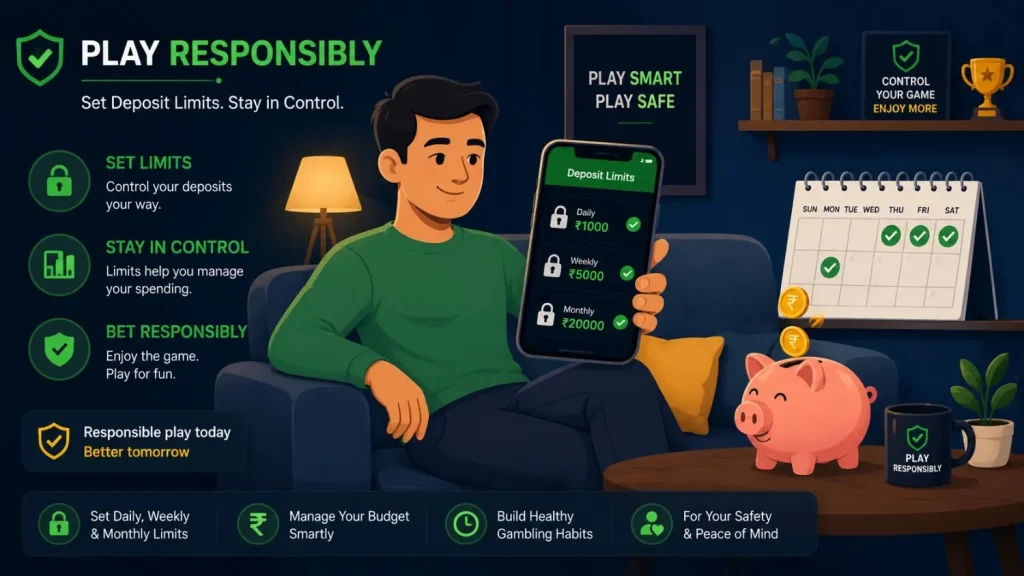Person setting daily, weekly, and monthly deposit limits on a smartphone, promoting responsible gambling and budget control.