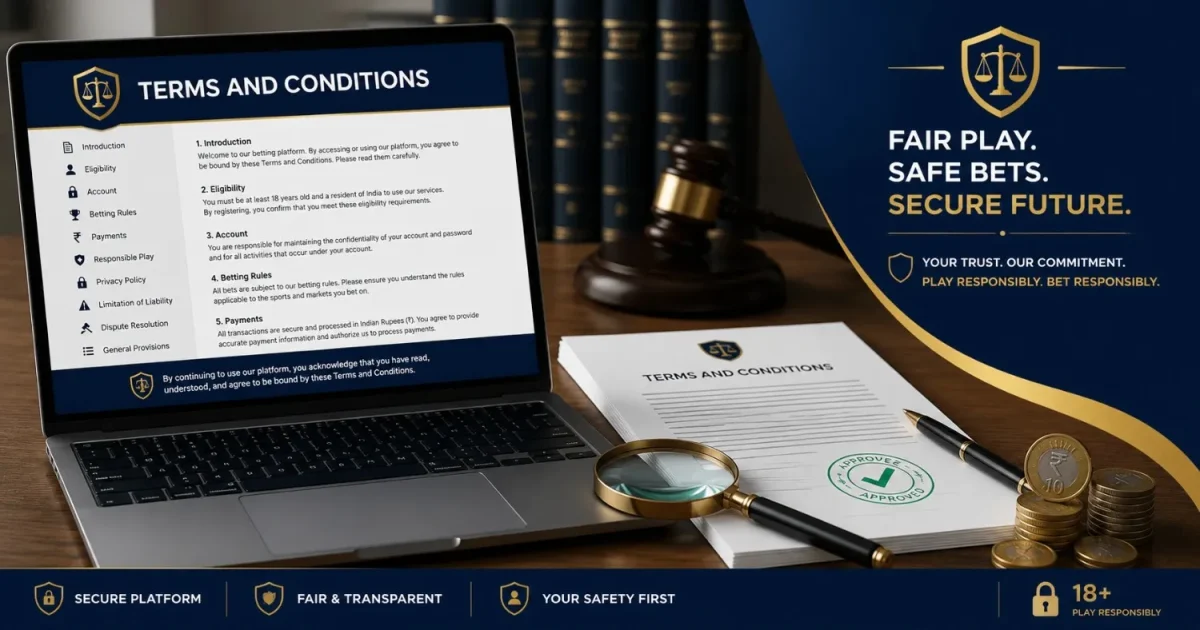 Legal terms and conditions banner with laptop, approved document, magnifying glass, gavel, and Indian rupee coins on a wooden desk.