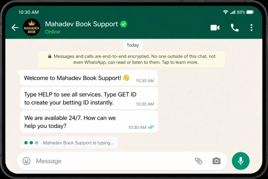 Mahadev Book Support WhatsApp chat screenshot with welcome message and 24/7 customer assistance.