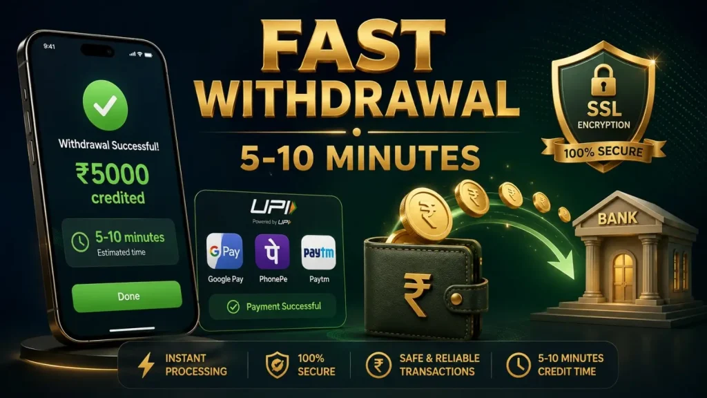 "MahadevBook99 fast withdrawal banner with ₹5000 credited and secure UPI payment."