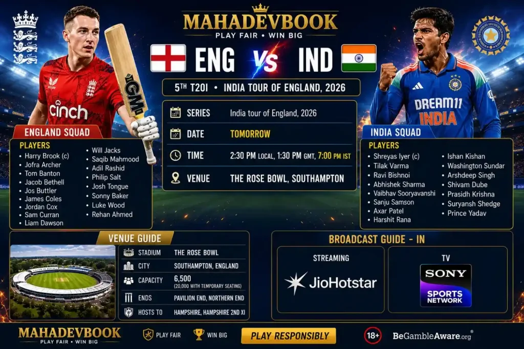 Current image: ENG vs IND 5th T20I 2026 match preview banner with MahadevBook branding, squads, venue, and match details.