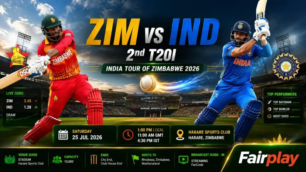 Current image: Mahadevbook ZIM vs IND 2nd T20I 2026 match preview at Harare Sports Club