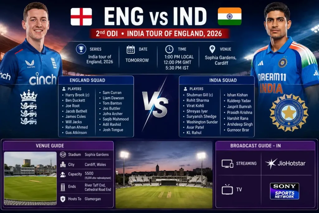 ENG vs IND 2nd ODI 2026 Sophia Gardens Cardiff preview | MahadevBook
