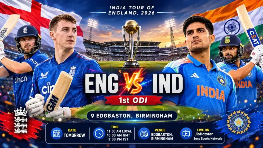 Current image: ENG vs IND 1st ODI 2026 match poster at Edgbaston, Birmingham | Dream11 Prediction & Match Preview | MahadevBook