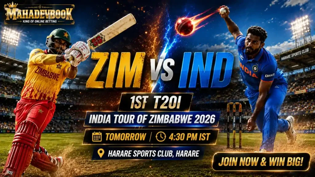 Current image: MahadevBook ZIM vs IND 1st T20I India Tour of Zimbabwe 2026 match preview banner at Harare Sports Club