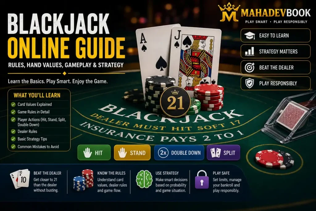 Current image: Blackjack online guide with card values, game rules, Hit, Stand, Split, Double Down, dealer rules and responsible play.