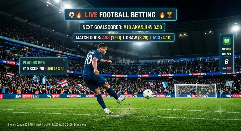 Live football betting stadium banner featuring MahadevBook and live match odds.