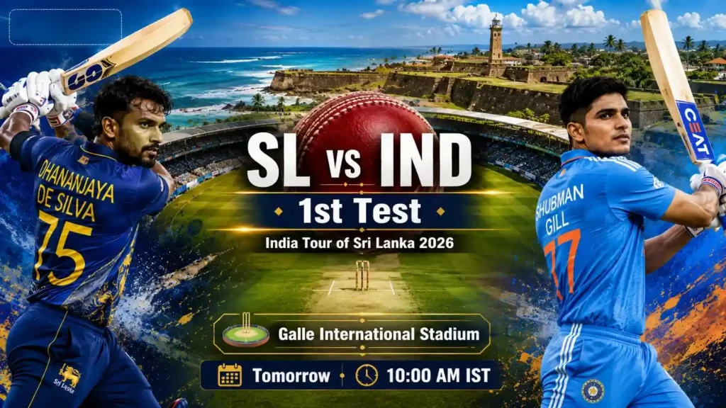 Current image: SL vs IND 1st Test Cricket Banner with India and Sri Lanka Flags at Galle Fort – Mahadevbook