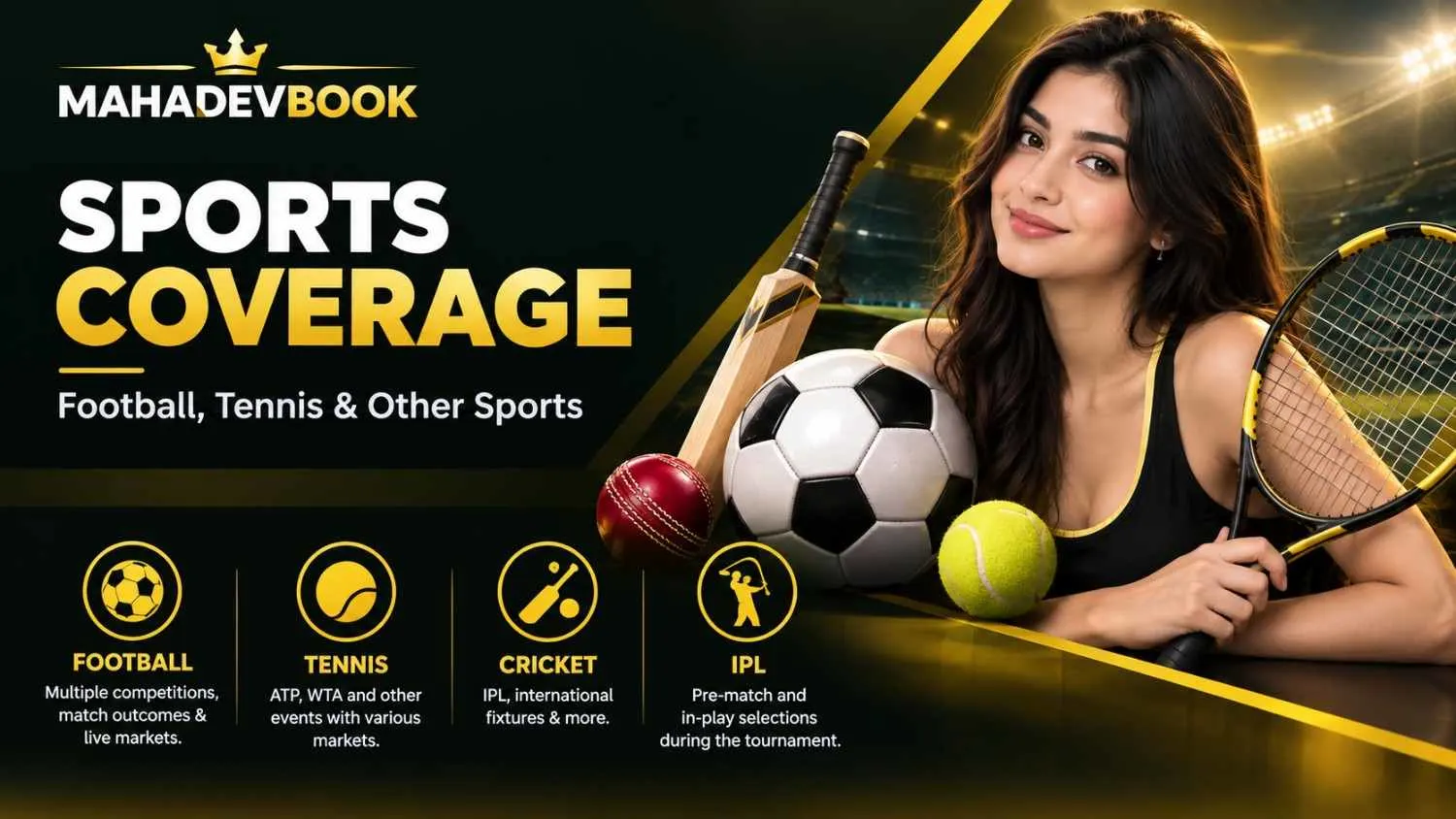 Mahadev Book sports betting section showing cricket, IPL, football, tennis and live exchange betting options